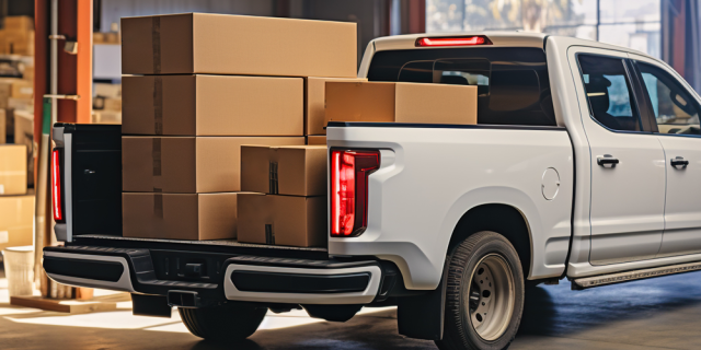 Camioneta estacionada en una bodega es cargada con cajas